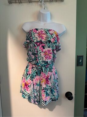 Lilly Pulitzer Floral Strapless Romper in Pink & Green